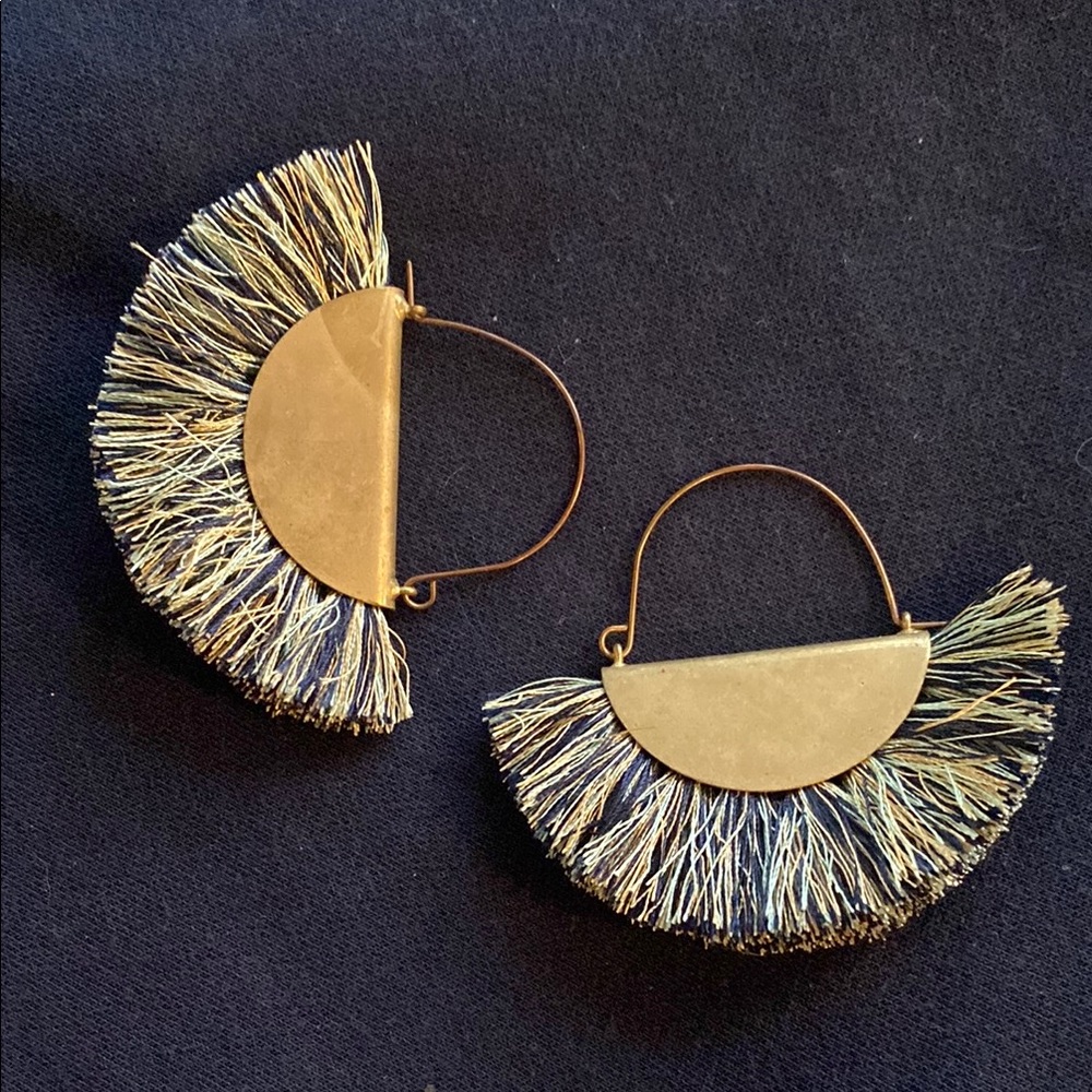 Boho Fan Earrings, Brass Color w Fringe, 3” across